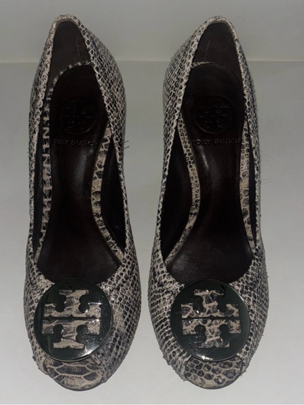 Tory Burch Snake-Print Leather Heels in Black & Cream with Logo Medallion
